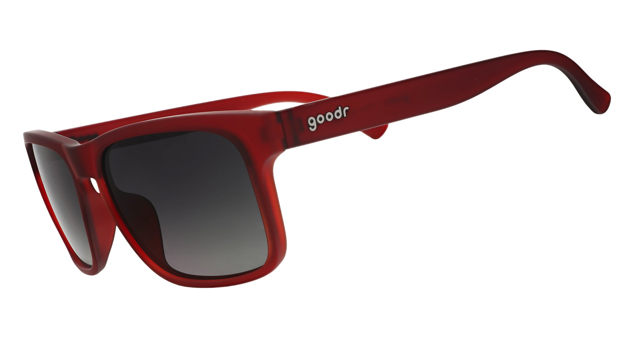 Three-quarter angle view of dark red Grand G frames and black gradient lenses.