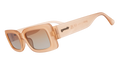 Three-quarter angle view of translucent peach rectangular Luxe G sunglasses with orange-gold gradient lenses.