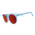 Three-quarter angle view of dusty blue Circle G sunglasses with red reflective lenses on a white background.