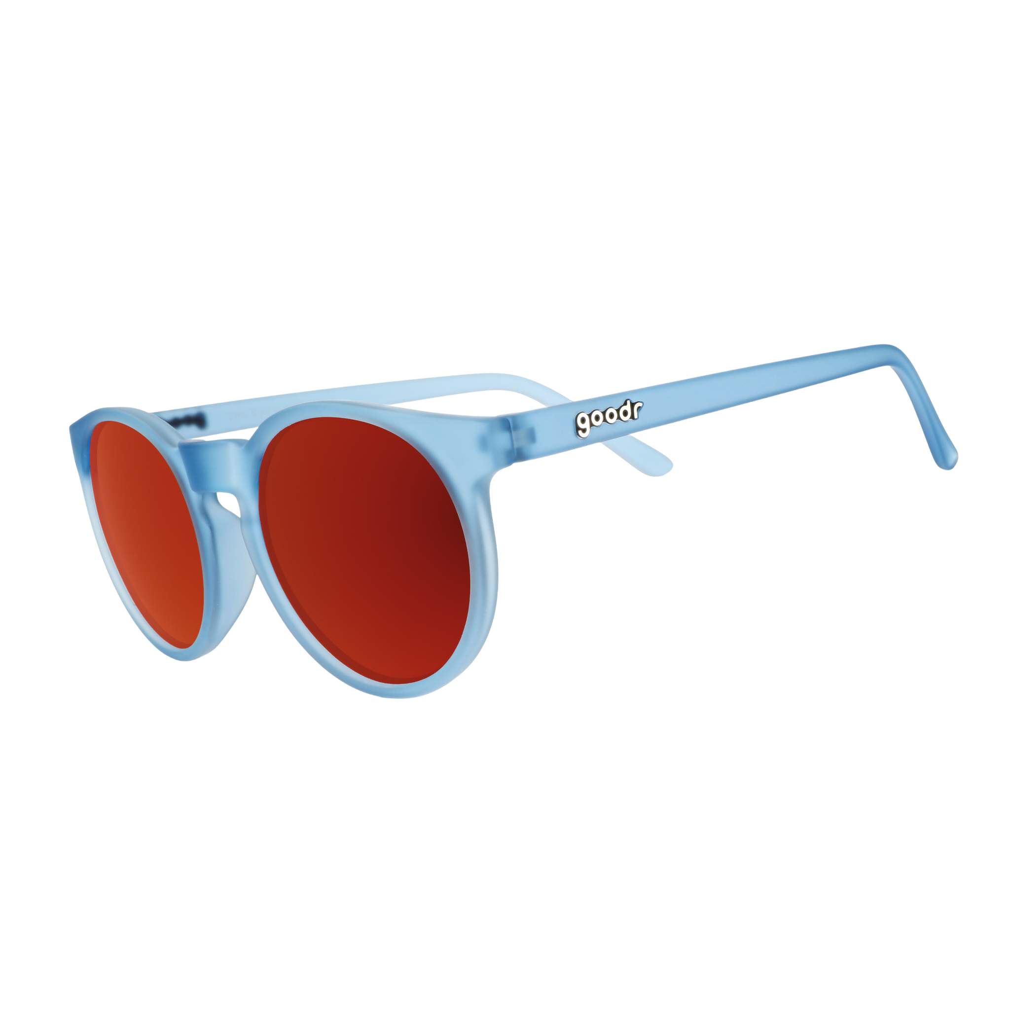 Three-quarter angle view of dusty blue Circle G sunglasses with red reflective lenses on a white background.
