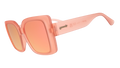 Three-quarter angle view of oversized square sunglasses in coral pink with champagne gold reflective lenses.