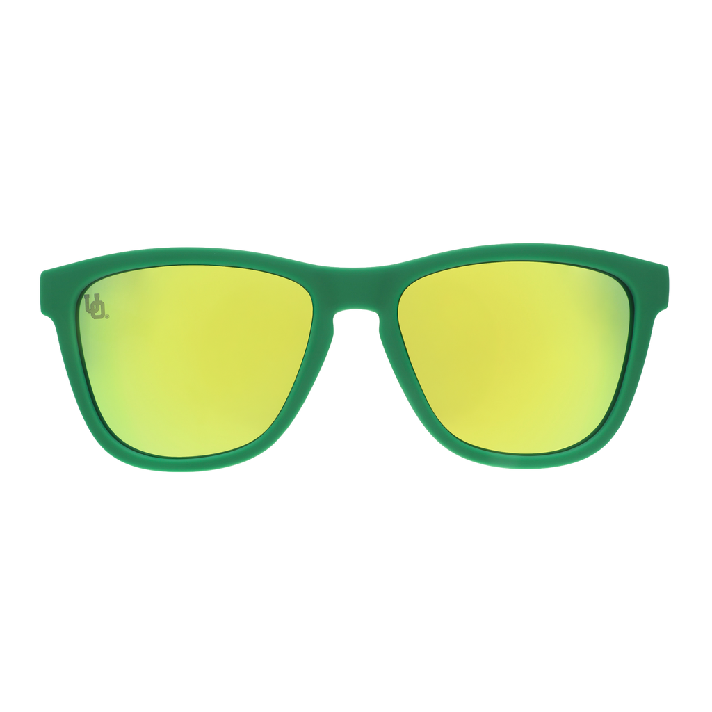 Front view of officially licensed Oregon Ducks sunglasses featuring a green faceplate and gold-green reflective lenses.