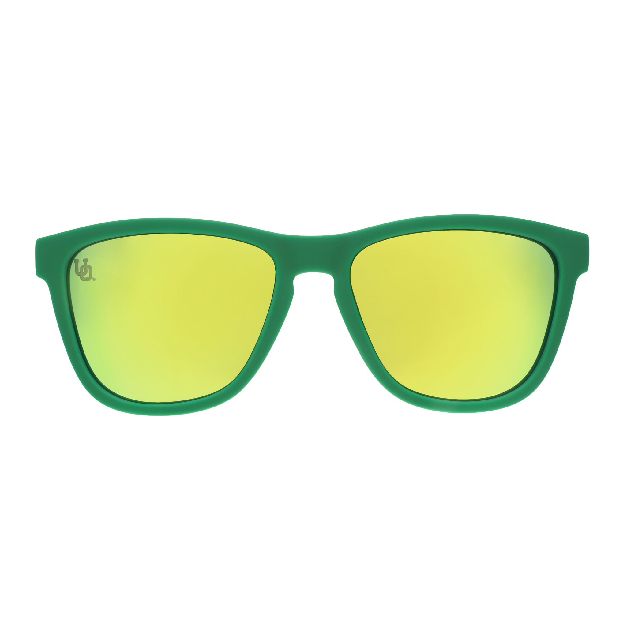 Front view of officially licensed Oregon Ducks sunglasses featuring a green faceplate and gold-green reflective lenses.