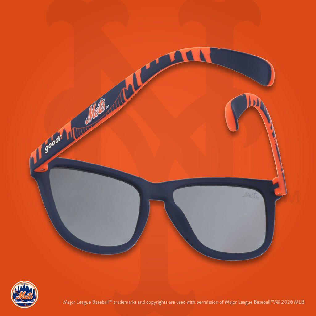 Blue and orange Mets shades floating against an orange background featuring the team's NY logo.