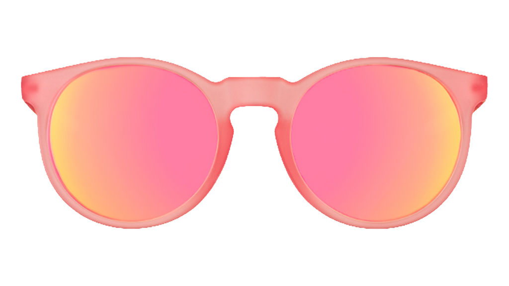 Front view of round pink sunglasses with polarized pink reflective lenses.