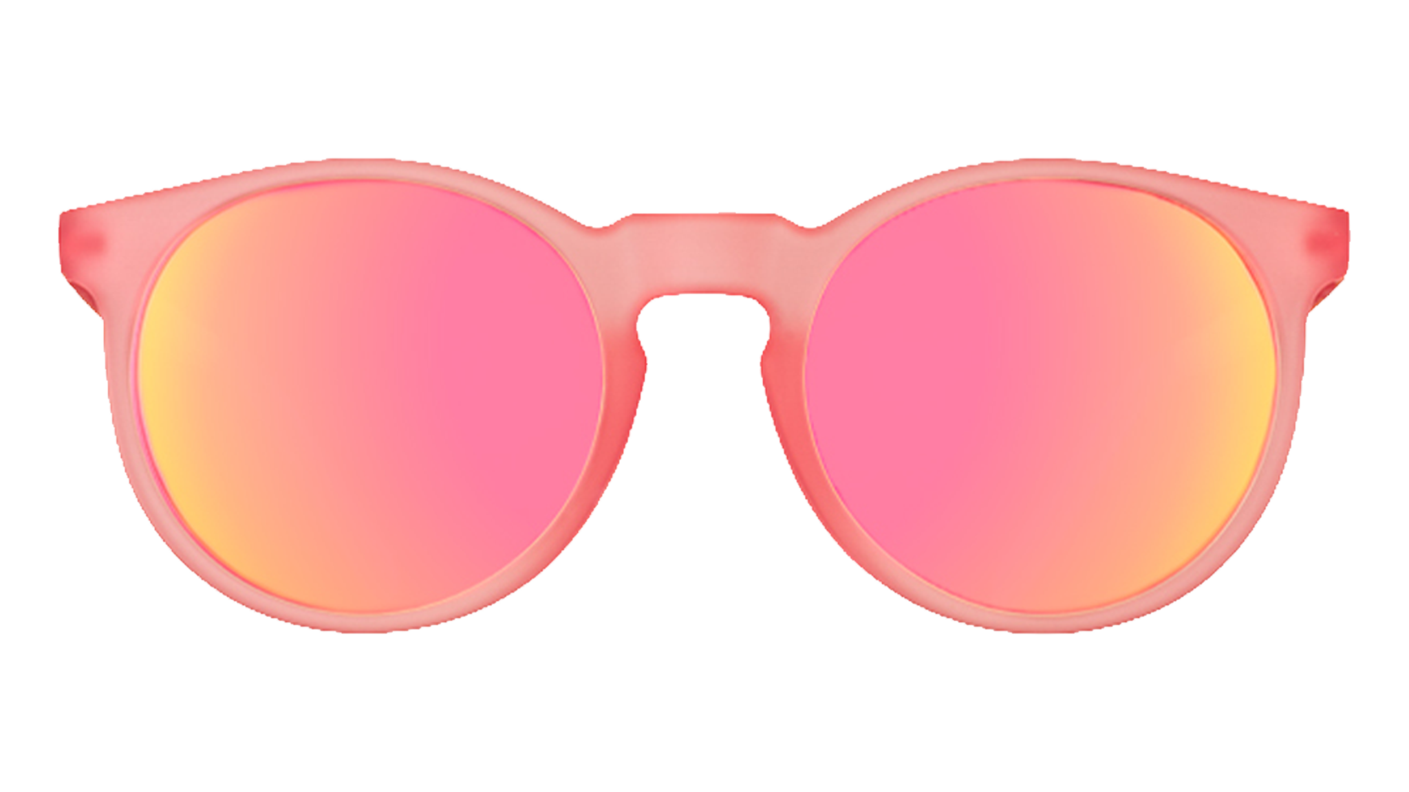 Front view of round pink sunglasses with polarized pink reflective lenses.
