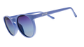 Three-quarter angle view of light blue circular sunglasses with dark blue gradient lenses.
