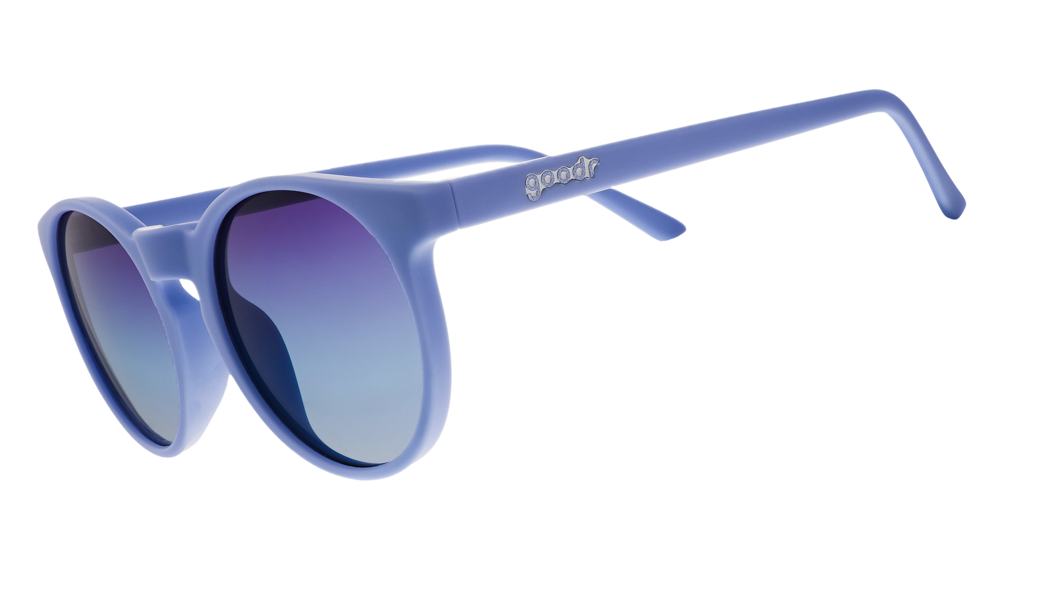 Three-quarter angle view of light blue circular sunglasses with dark blue gradient lenses.