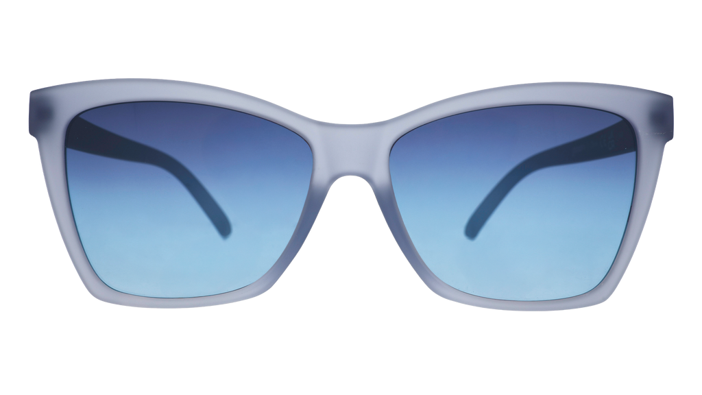 Front view of translucent pale blue Pop Gs with blue gradient lenses.