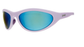 A pair of oval sunglasses with lilac frames and blue reflective lenses