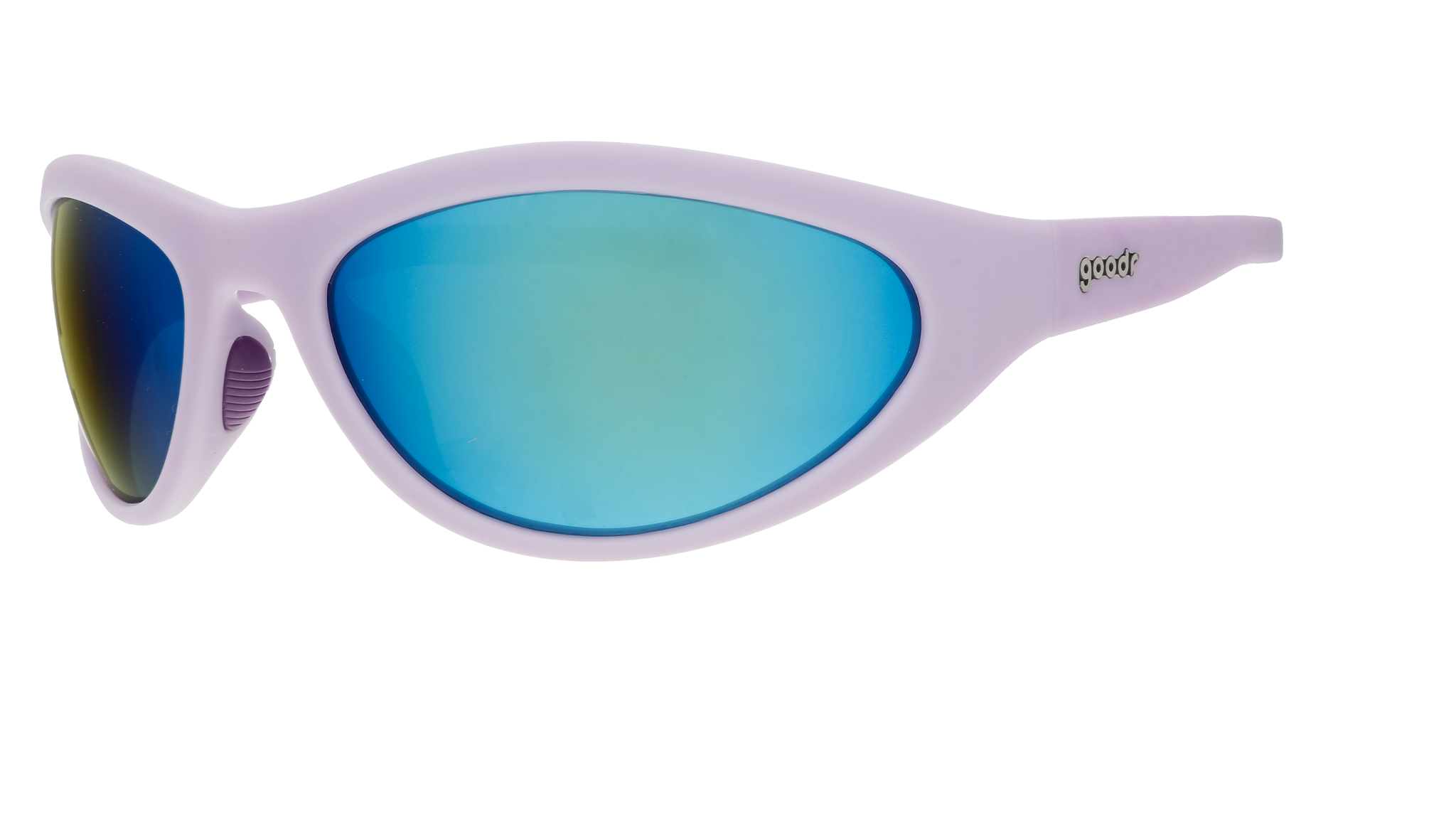 A pair of oval sunglasses with lilac frames and blue reflective lenses