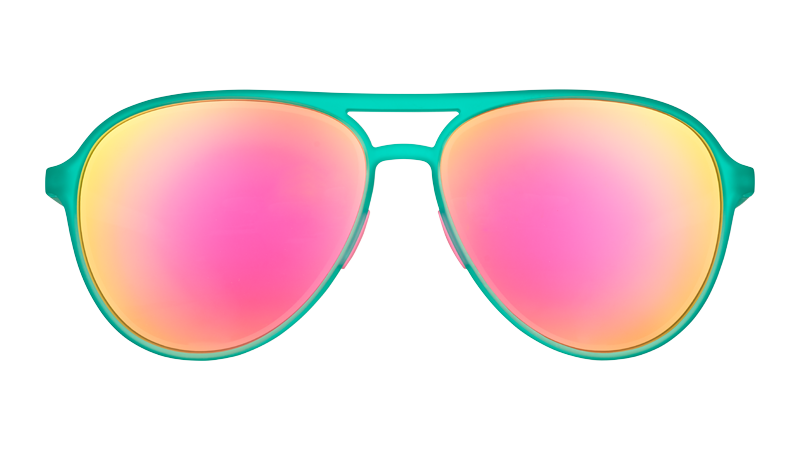 Front view of polarized teal aviator sunglasses with mirrored pink lenses.
