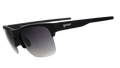 Three-quarter angle view of black half-rim sunglasses with a dual-lens wrap and polarized black gradient lenses and black silicone grips on the inner right arm.