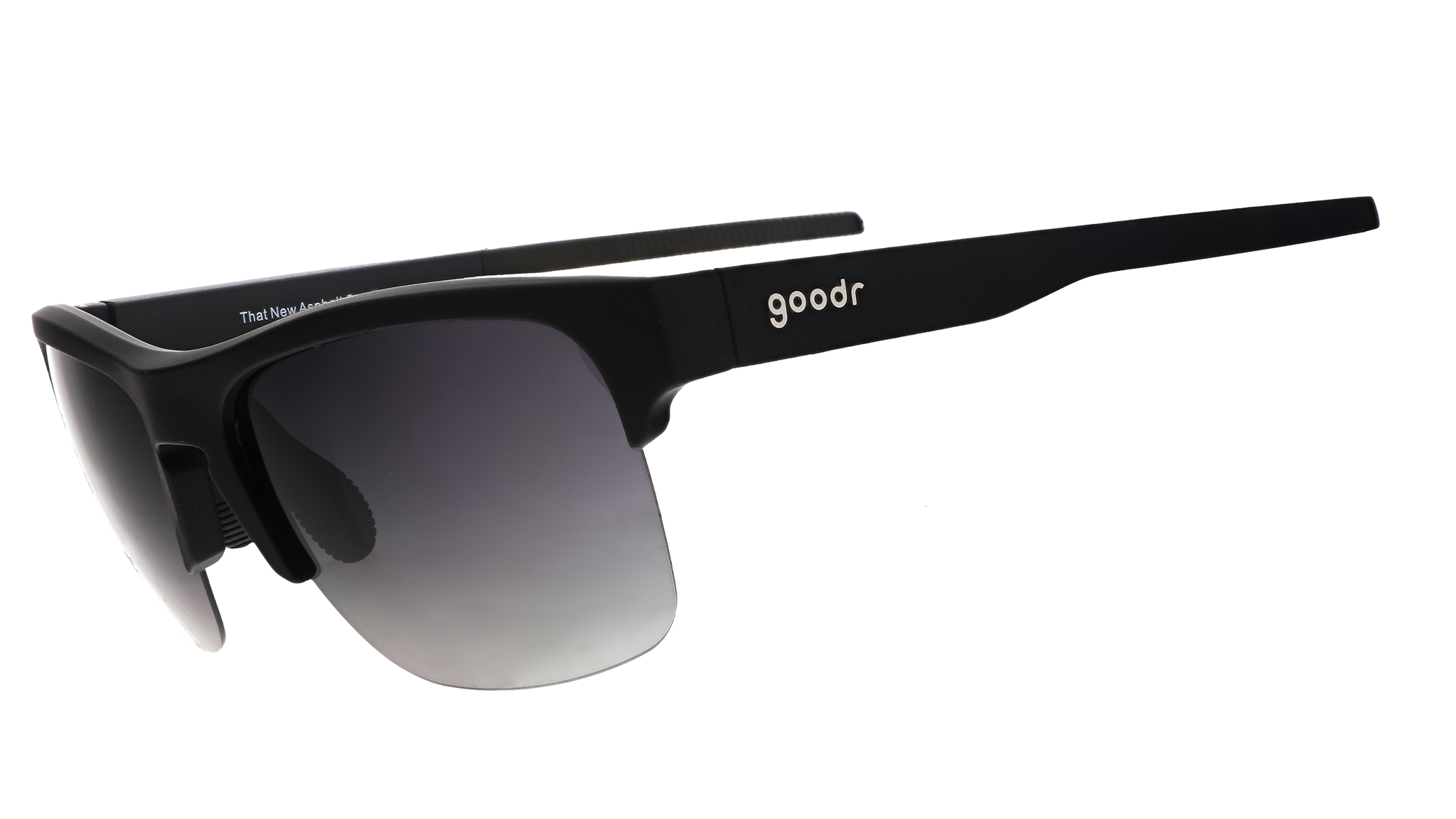 Three-quarter angle view of black half-rim sunglasses with a dual-lens wrap and polarized black gradient lenses and black silicone grips on the inner right arm.