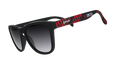 Three-quarter angle view of DC United Major League Soccer sunglasses with black and red frames and black lenses.
