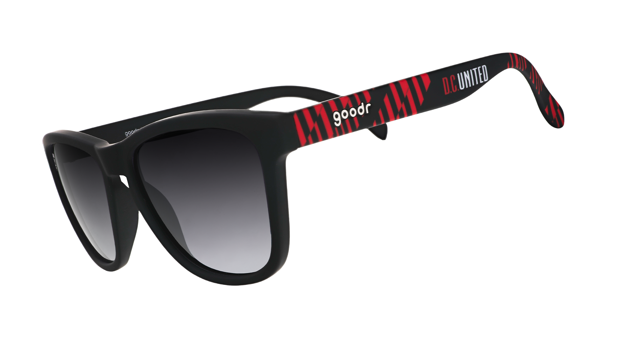 Three-quarter angle view of DC United Major League Soccer sunglasses with black and red frames and black lenses.