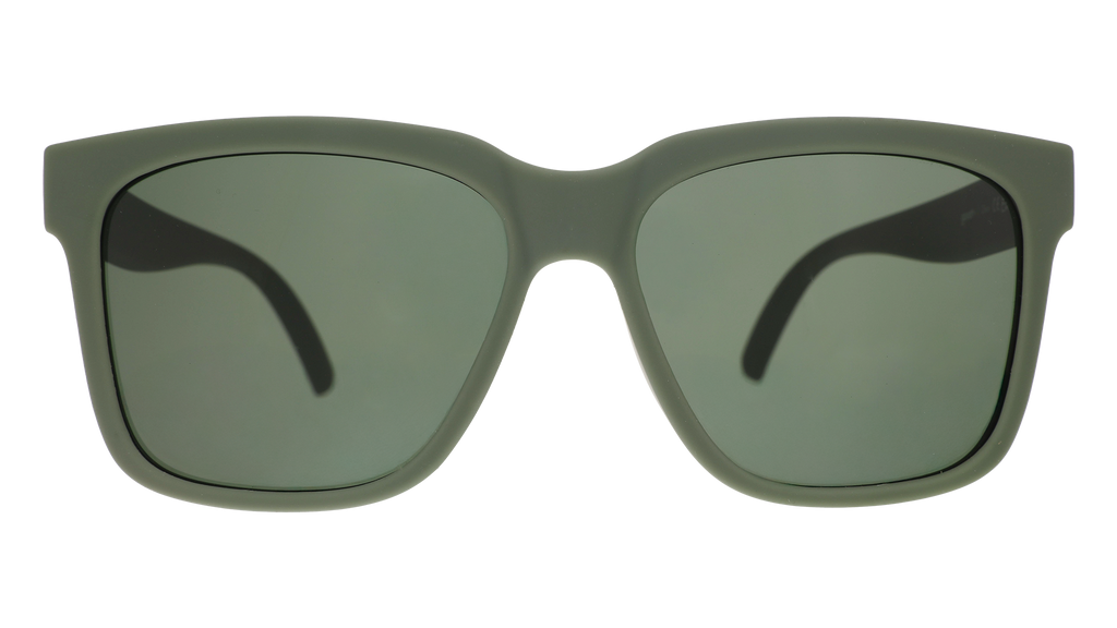 Front view of dark green sunglasses with green lenses designed to float in water.