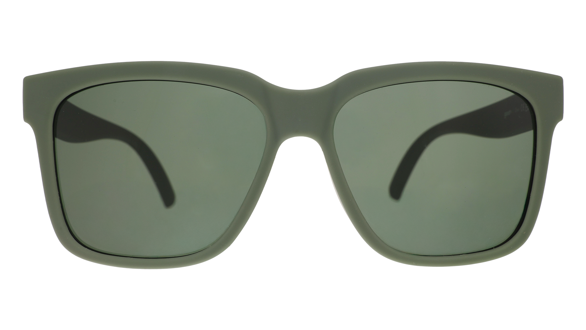 Front view of dark green sunglasses with green lenses designed to float in water.