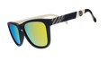 Three-quarter angle view of Major League Soccer Philadelphia Union shades. Navy+gold frames. Gold reflective lenses.