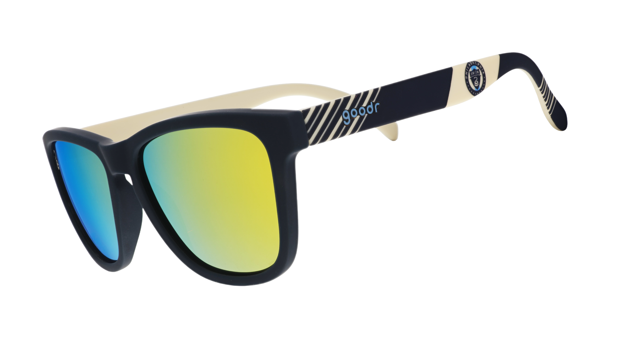 Three-quarter angle view of Major League Soccer Philadelphia Union shades. Navy+gold frames. Gold reflective lenses.