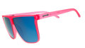 Three-quarter view of pink wide-fit, oversized flat-top sunglasses with blue reflective lenses.