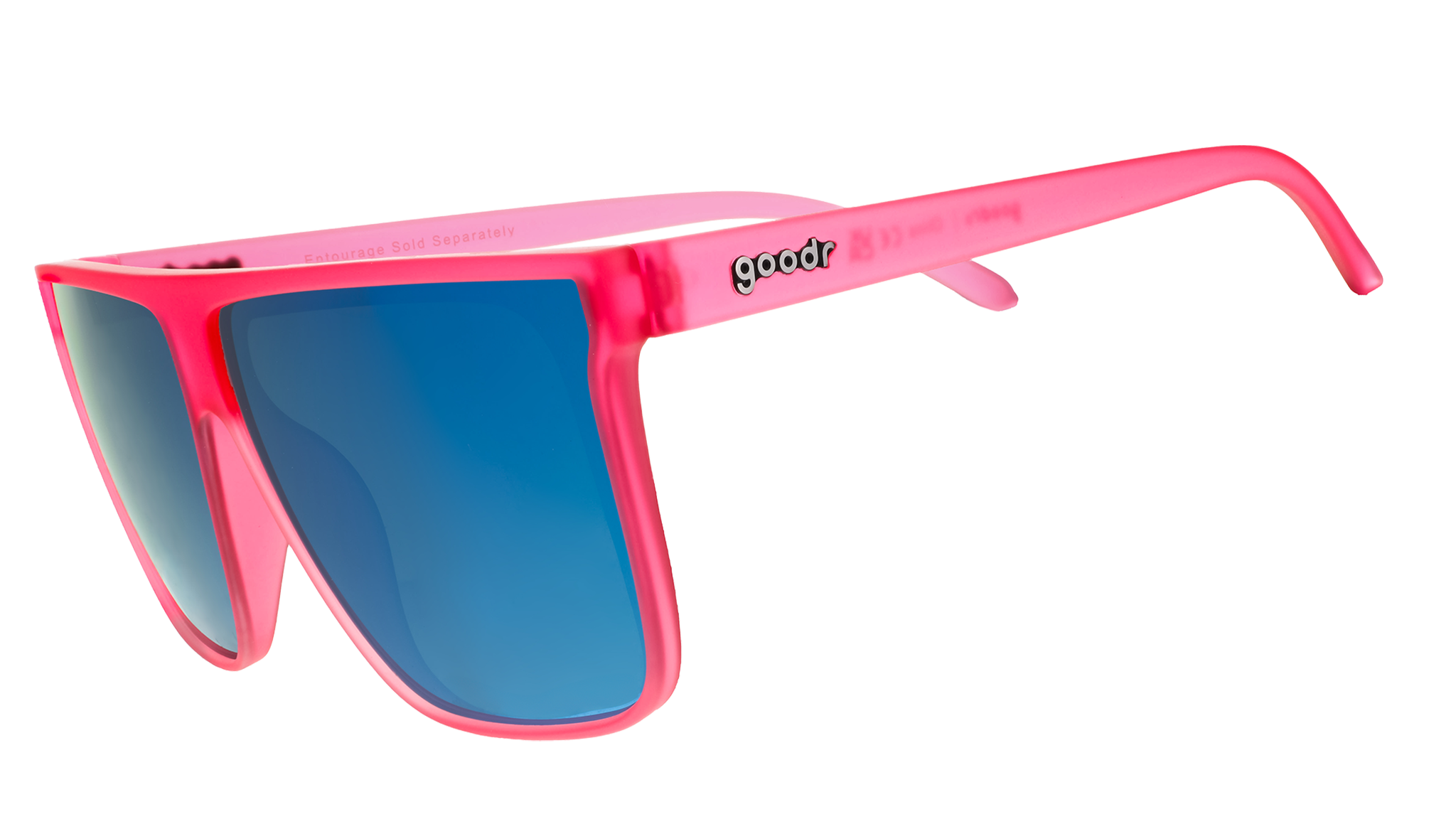 Three-quarter view of pink wide-fit, oversized flat-top sunglasses with blue reflective lenses.