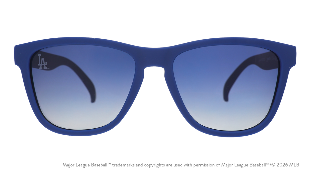 Front view of Dodgers shades with blue faceplate. Blue gradient lenses have the LA logo etched on the left lens.