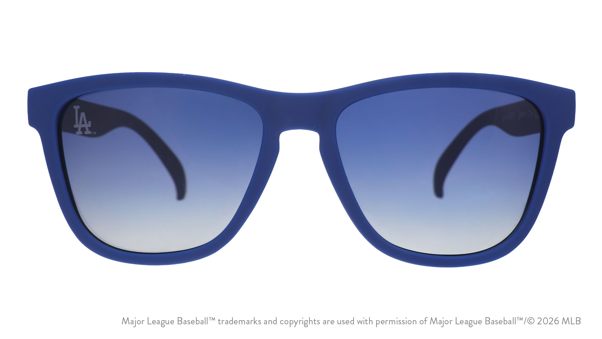 Front view of Dodgers shades with blue faceplate. Blue gradient lenses have the LA logo etched on the left lens.
