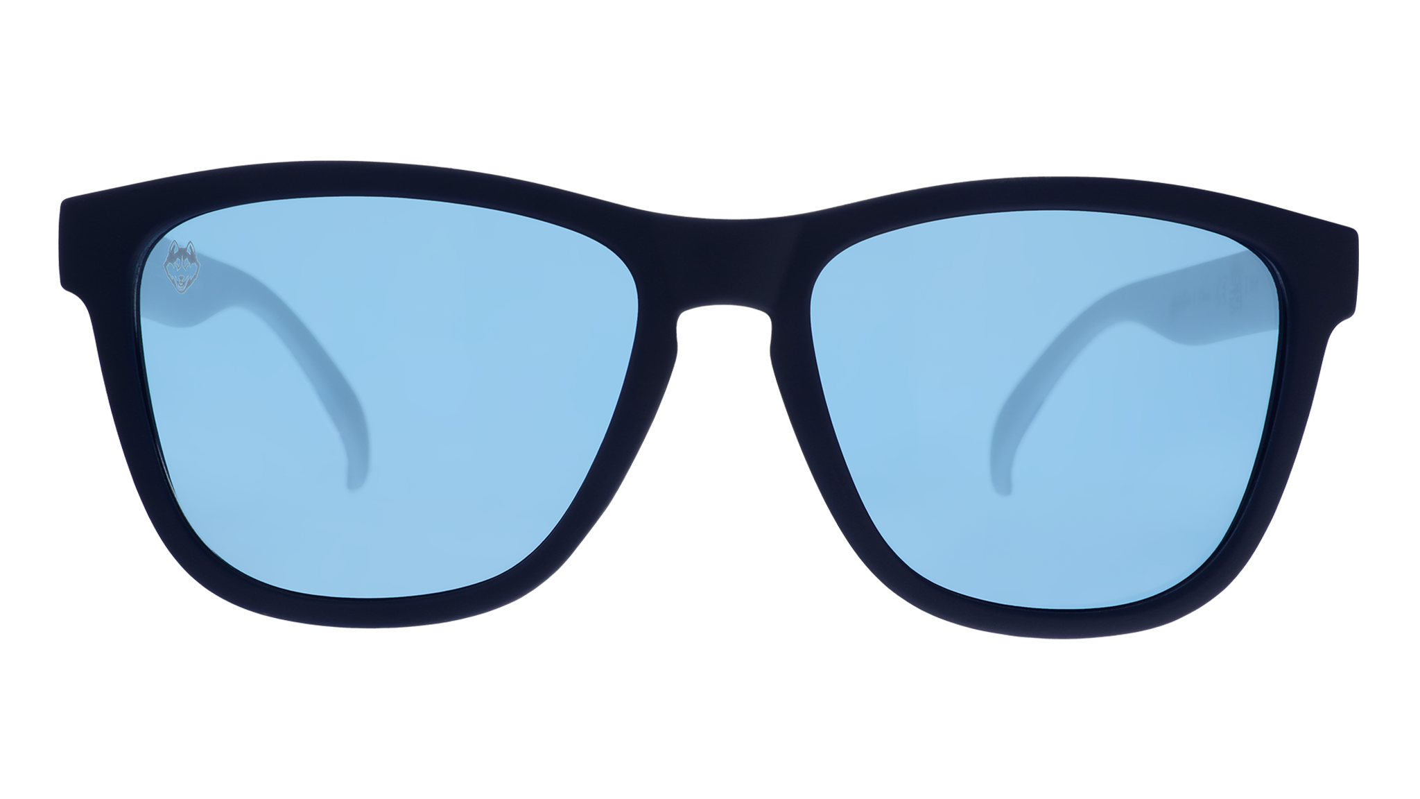 Front view of navy blue and white Huskies sunglasses with black lenses.