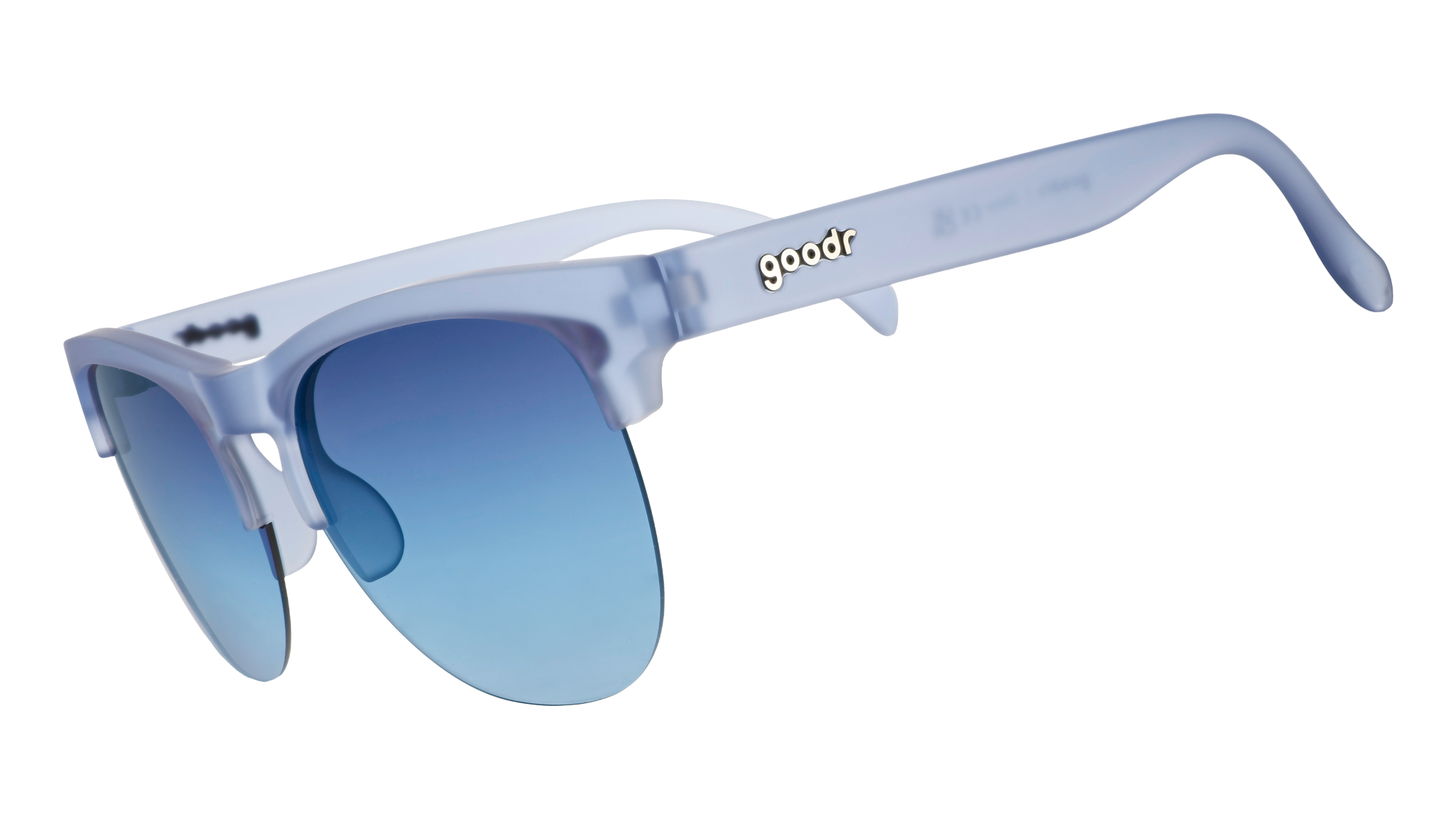 Three-quarter angle view of dusty blue translucent Avant Gs with blue gradient lenses.
