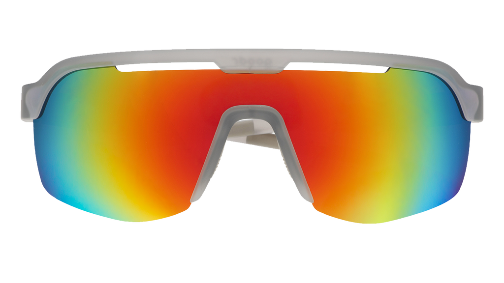 Front view of shield sunglasses. Gray front frame with orange reflective wrap lenses on a white background.