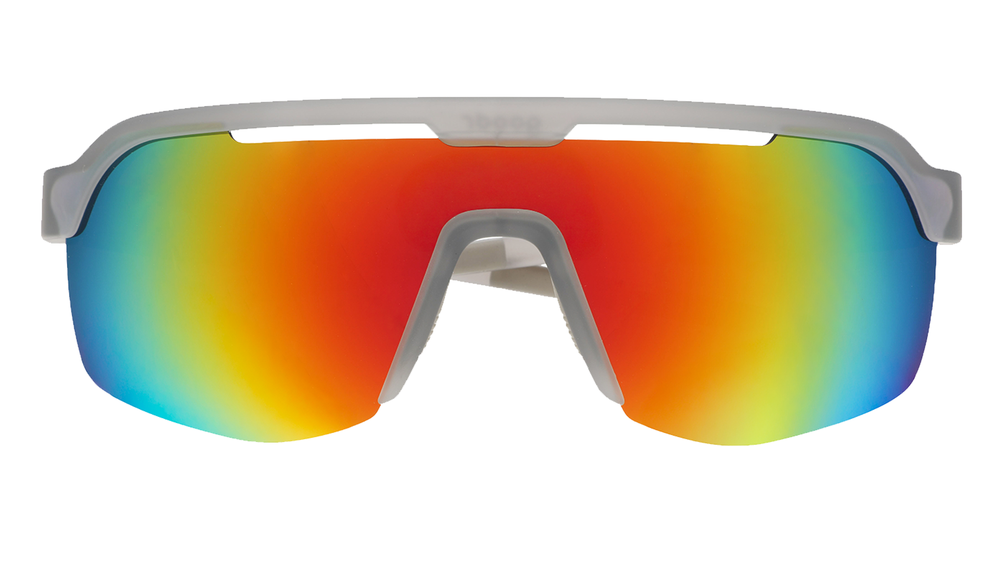 Front view of shield sunglasses. Gray front frame with orange reflective wrap lenses on a white background.