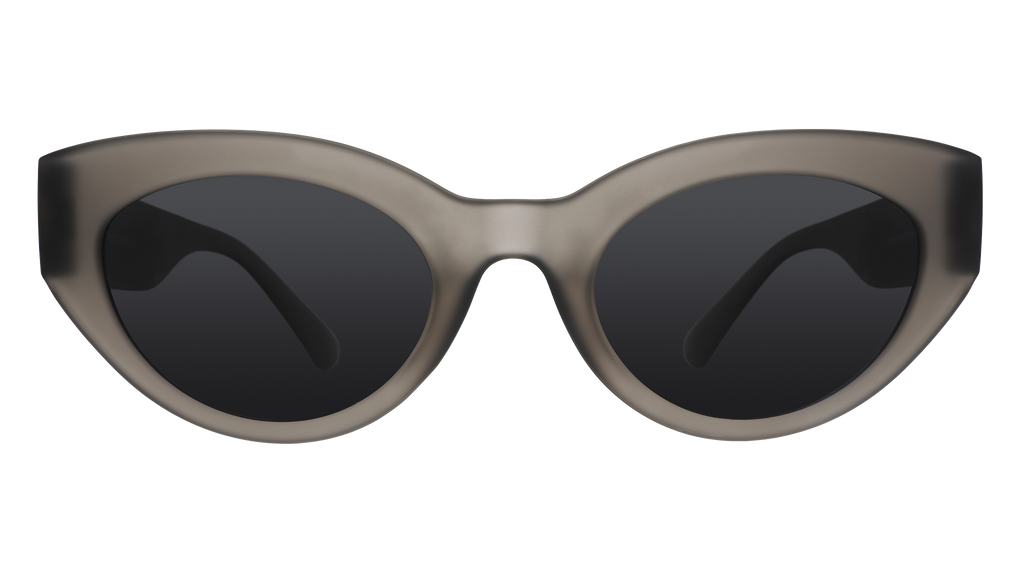 Front view of translucent dark gray, retro-inspired angled cat-eye sunglasses with black non-reflective lenses.