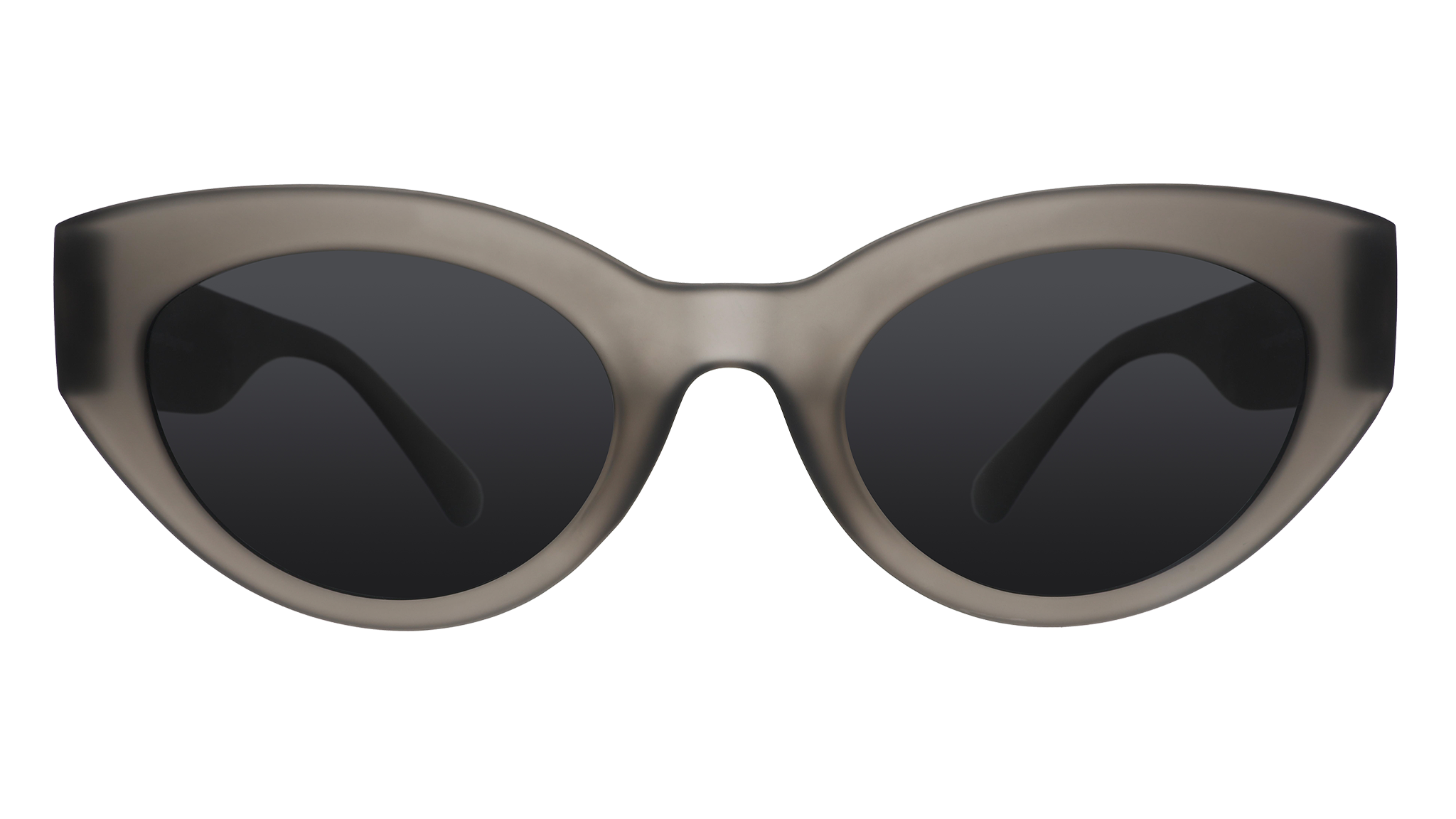 Front view of translucent dark gray, retro-inspired angled cat-eye sunglasses with black non-reflective lenses.