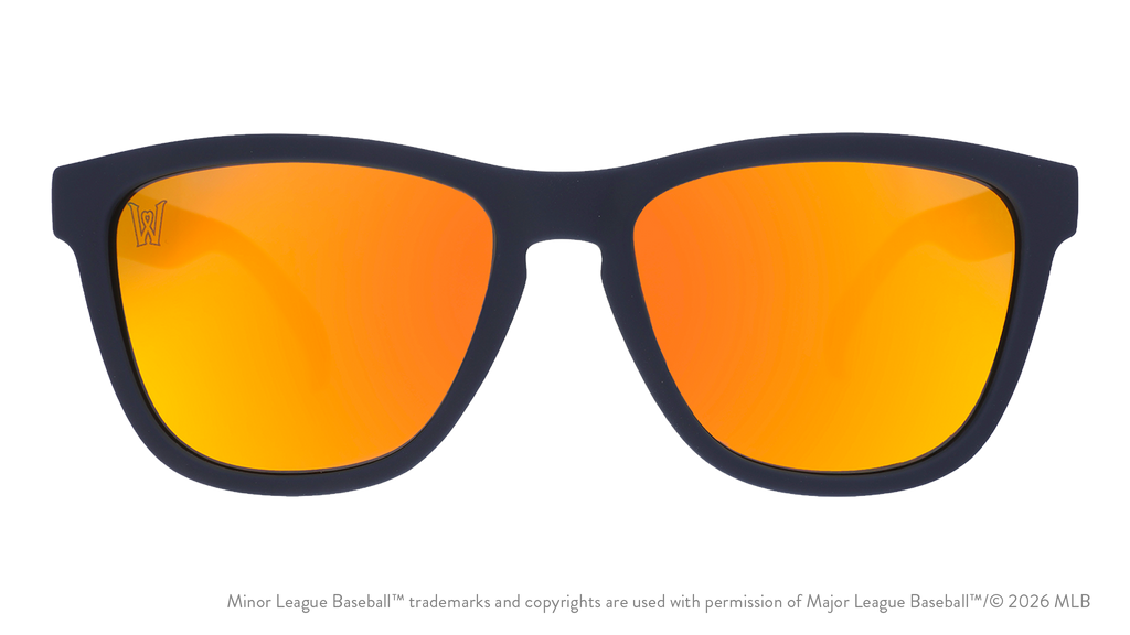 Front view of shades. Blue front frame. Amber reflective lenses. Worcester Red Sox logo etching in top corner of lens.