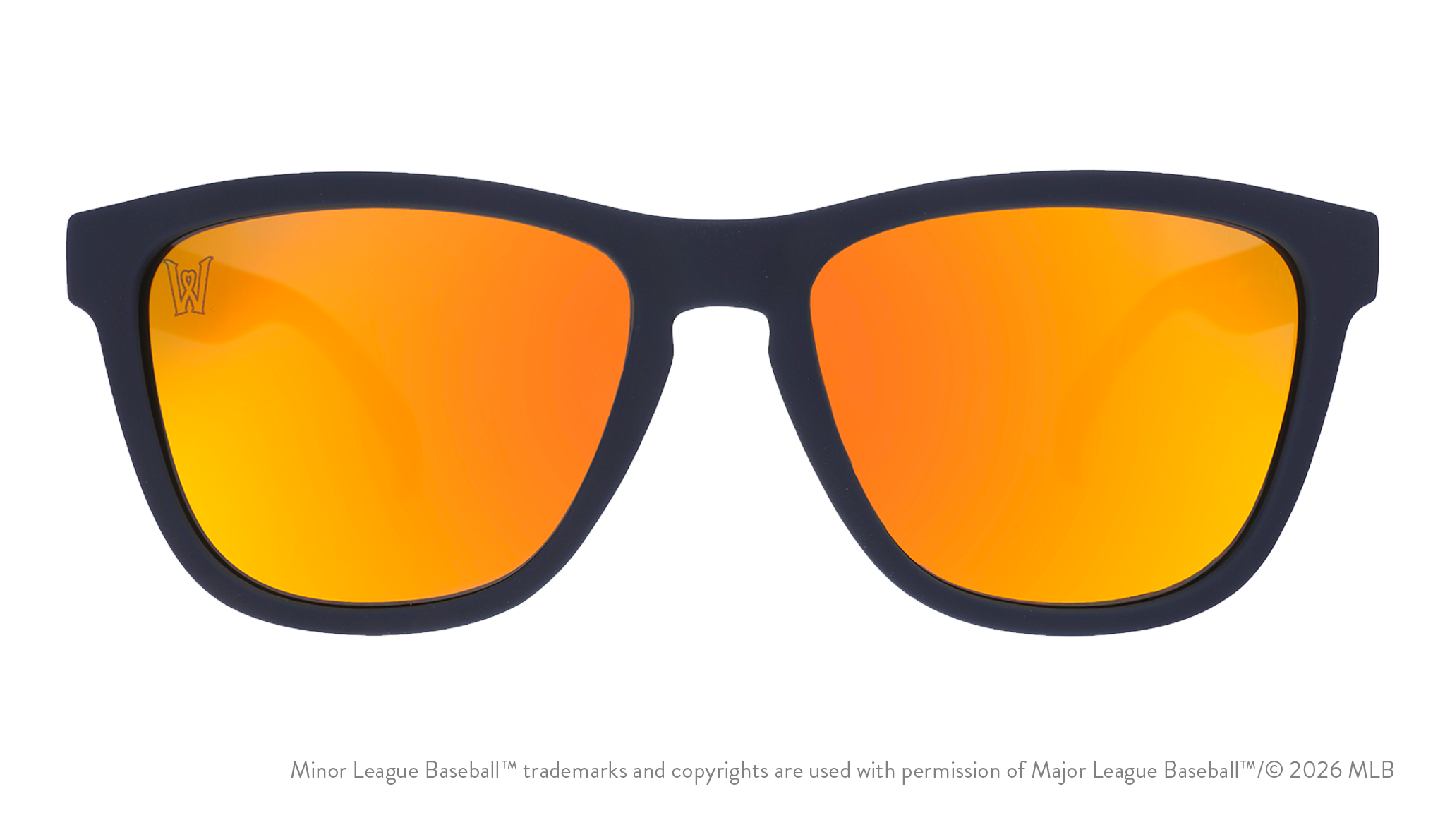 Front view of shades. Blue front frame. Amber reflective lenses. Worcester Red Sox logo etching in top corner of lens.