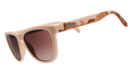 Joshua Tree National Park-themed sunglasses with brown-tinted lenses and a desert landscape design on beige frames, on a white background.