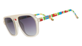 Light gray sunglasses with purple gradient lenses and colorful geometric temple patterns on blue.