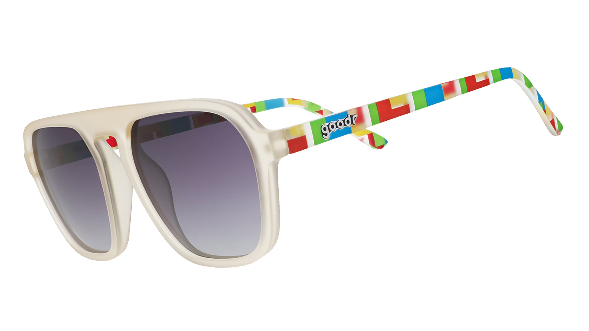 Light gray sunglasses with purple gradient lenses and colorful geometric temple patterns on blue.
