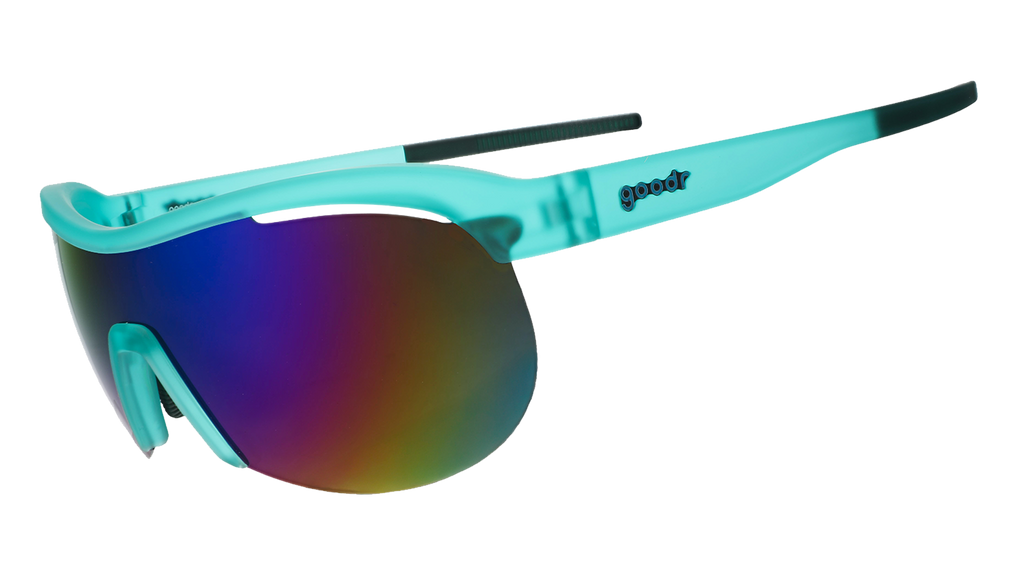 Three-quarter angle view of translucent mint green wrap shield sunglasses with white-blue reflective lenses against a white background.