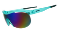 Three-quarter angle view of translucent mint green wrap shield sunglasses with white-blue reflective lenses against a white background.