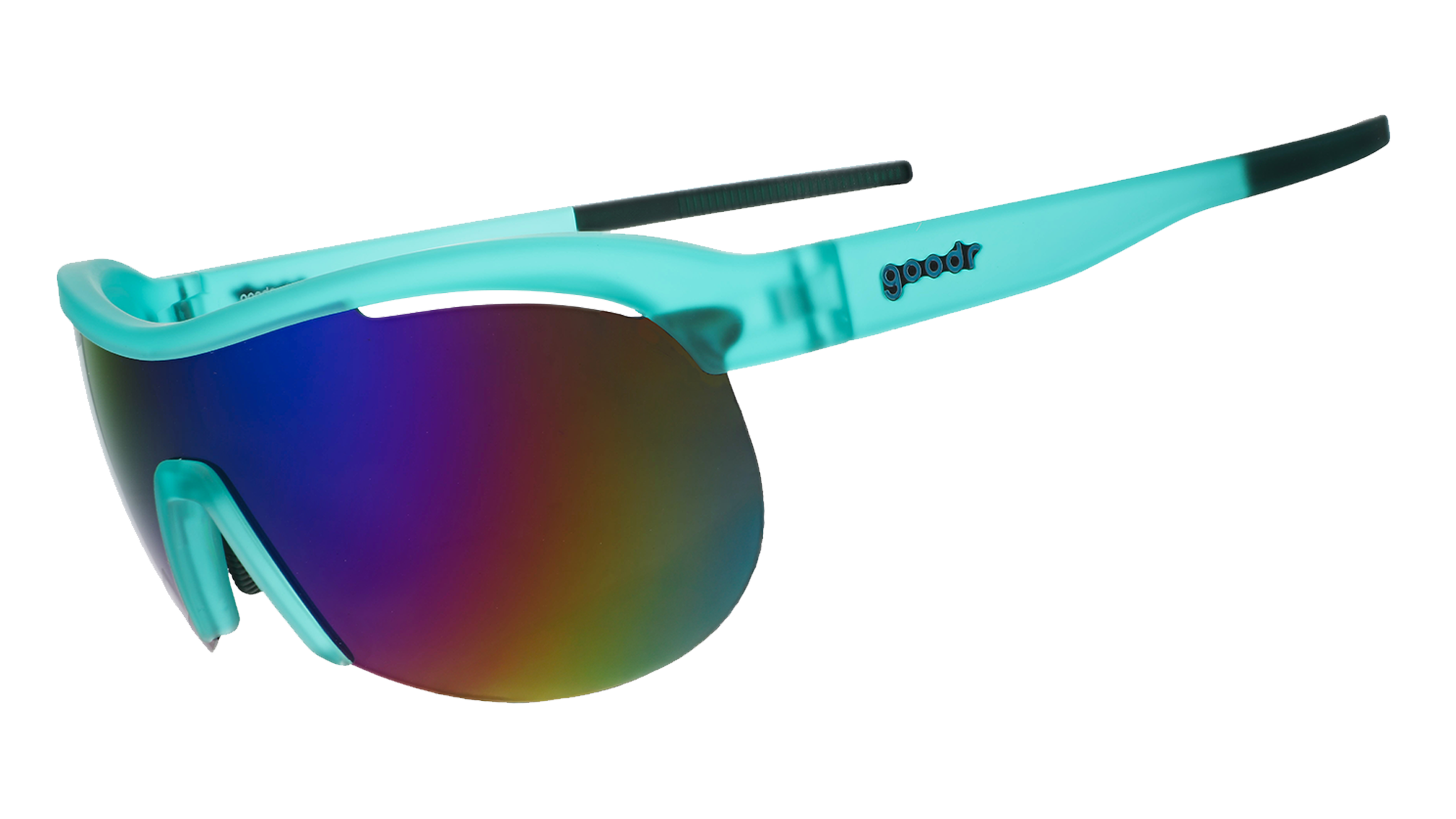 Three-quarter angle view of translucent mint green wrap shield sunglasses with white-blue reflective lenses against a white background.