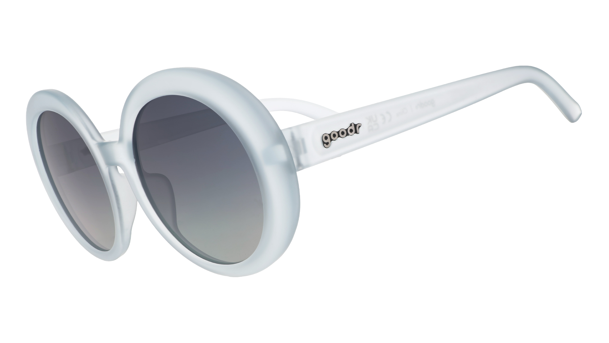 Three-quarter angle view of oversized round sunglasses with translucent blue frames and silver reflective gradient lenses.