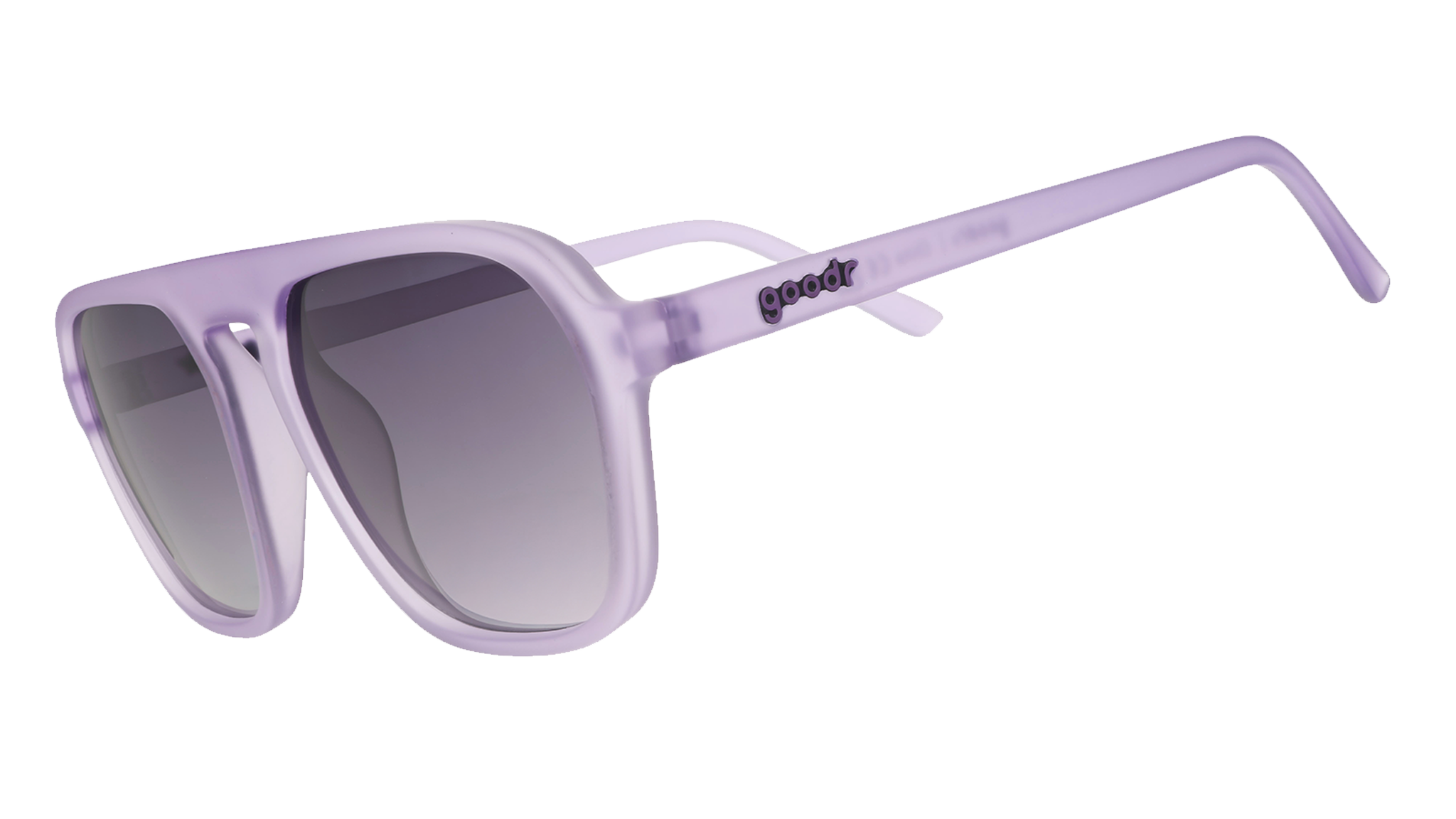 Three-quarter angle view of translucent pale purple aviator Retro G sunglasses with black gradient lenses.