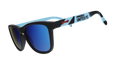 Three-quarter angle view of Major League Soccer Minnesota United FC shades. Blue+black frames. Blue reflective lenses.