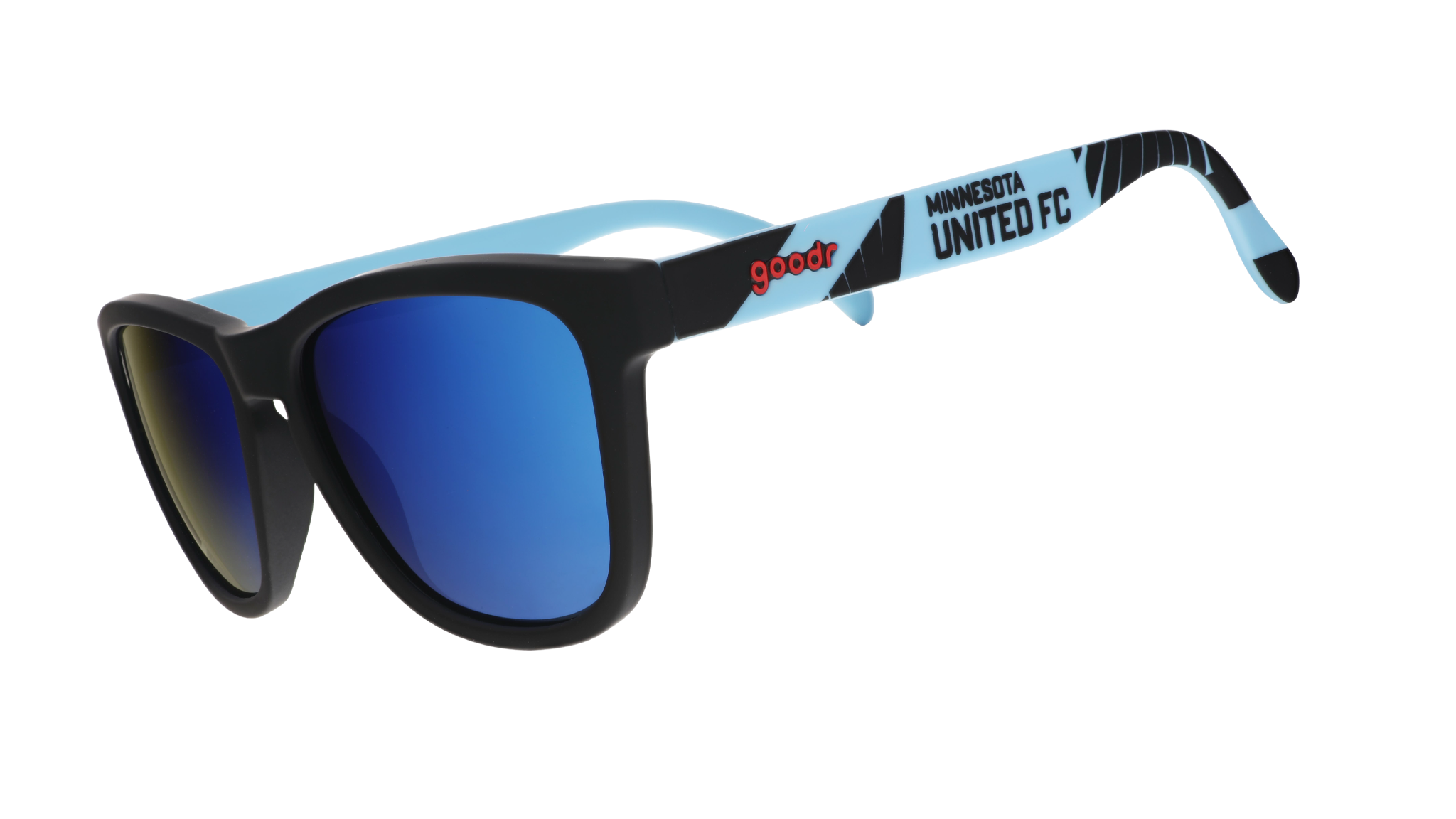 Three-quarter angle view of Major League Soccer Minnesota United FC shades. Blue+black frames. Blue reflective lenses.