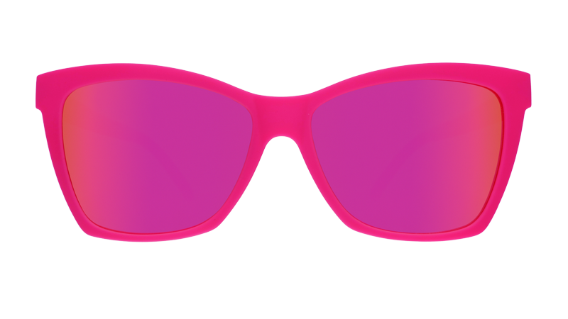 Front view of hot pink sunglasses angled cat-eye sunglasses with reflective pink lenses.