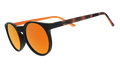 Three-quarter angle view of orange and black round sunglasses with reflective orange lenses.