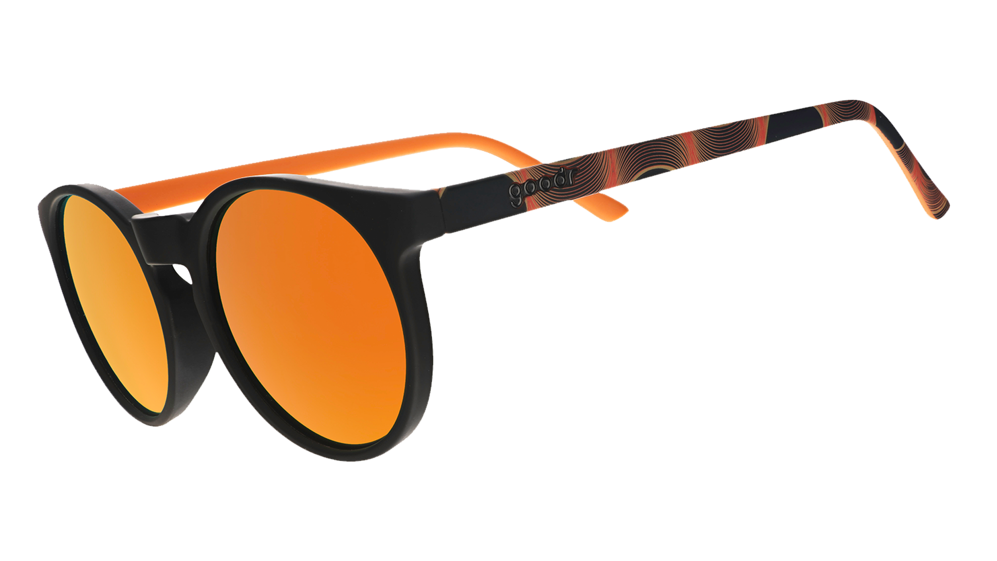 Three-quarter angle view of orange and black round sunglasses with reflective orange lenses.