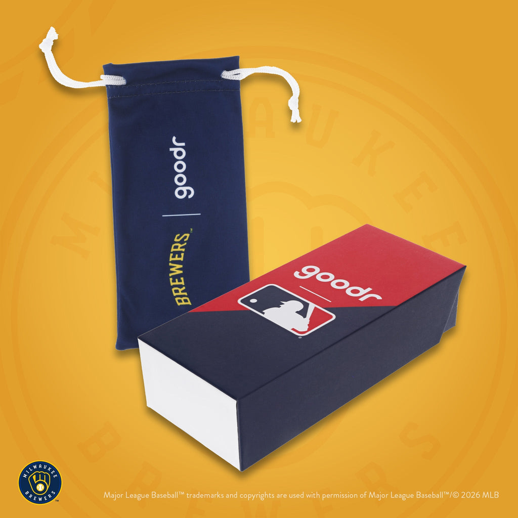 Photograph of custom packaging, featuring a Milwaukee Brewers microfiber bag and MLB-themed product box.